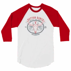Yellowstone Dutton Ranch Protect The Family Unisex 3/4 Sleeve Raglan Shirt -Bioworld Shop YS DR PTF RAG 59 100395 WHT RED MF