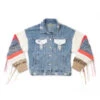 Yellowstone Dutton Ranch Sweater Sleeve Wren + Glory Hand Painted Denim Jacket -Bioworld Shop YS SG Sweater Sleeve Jean Jacket Front Arms Folded Merch 1x1 DSC 7821