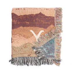 Yellowstone Mountains Woven Blanket -Bioworld Shop YSMountainsReversibleWovenBlanketRedsFoldedCornerFlippedMerch1x1DSC 8582