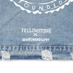 Yellowstone Dutton Ranch Sweater Sleeve Wren + Glory Hand Painted Denim Jacket -Bioworld Shop YSSGSweaterSleeveJeanJacketBackLogoDetailMerch1x1DSC 7828 Approved