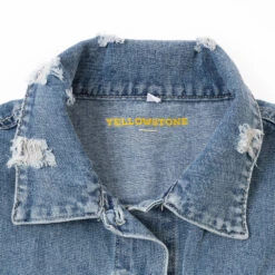 Yellowstone Dutton Ranch Sweater Sleeve Wren + Glory Hand Painted Denim Jacket -Bioworld Shop YSSGSweaterSleeveJeanJacketCollarDetailTagMerch1x1DSC 7818 Approved