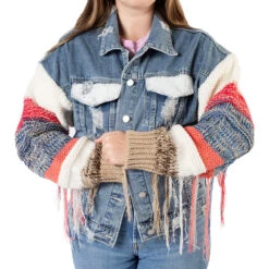 Yellowstone Dutton Ranch Sweater Sleeve Wren + Glory Hand Painted Denim Jacket -Bioworld Shop YSSGSweaterSleeveJeanJacketFemaleModelFrontArmsCrossedMerch1x1DSC 7804 Approved