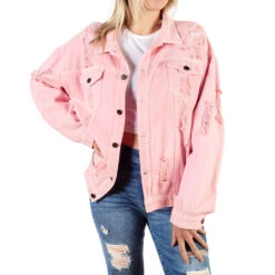 Yellowstone Beth Dutton State Of Mind Wren + Glory Hand Painted Pink Denim Jacket -Bioworld Shop YSWGBethDuttonPinkJeanJacketFrontFemaleModelOneElbowOutMerch1x1DSC 7861 Approved